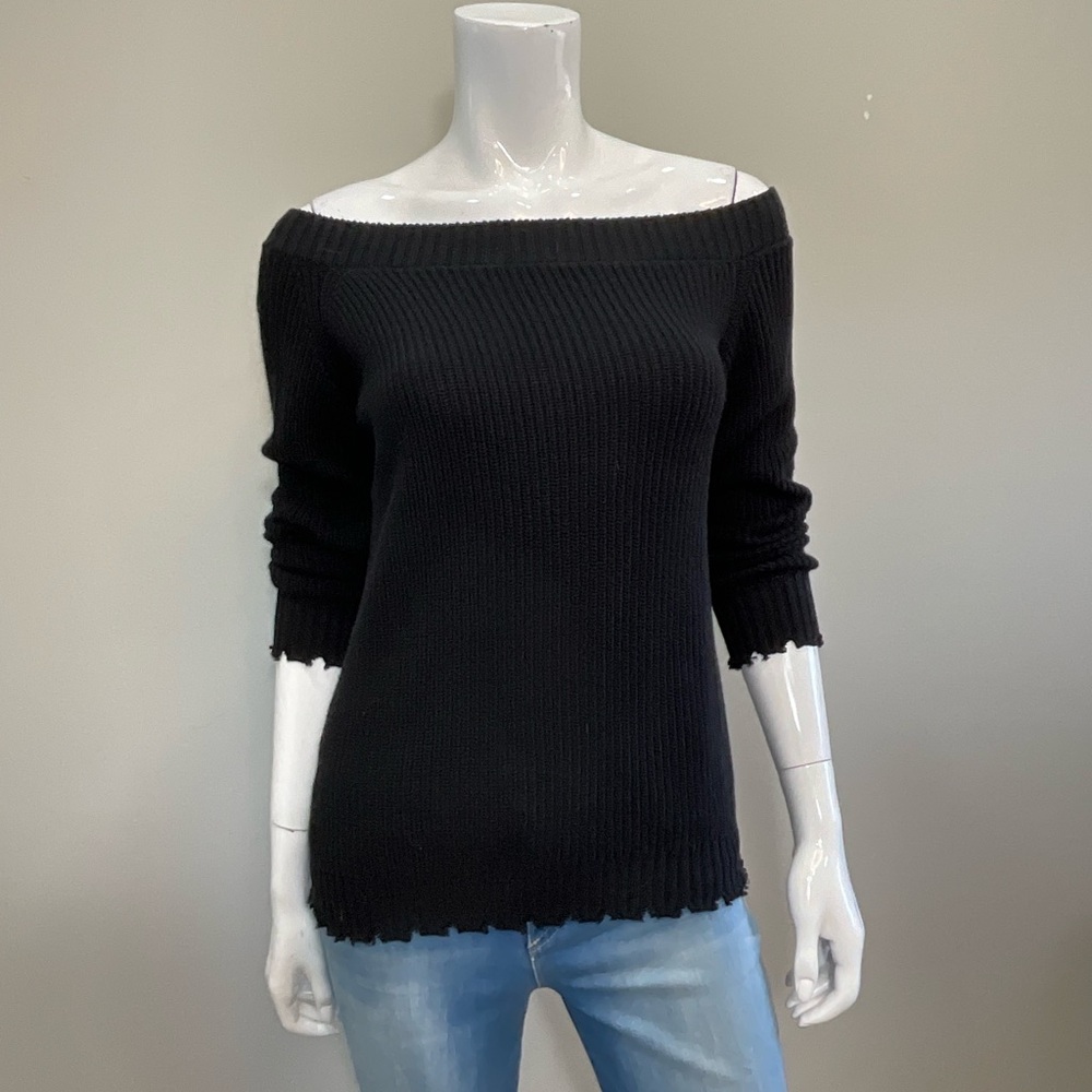 MINNIE ROSE Distressed Ribbed Off Shoulder Sweater Black XS - Picture 4 of 4